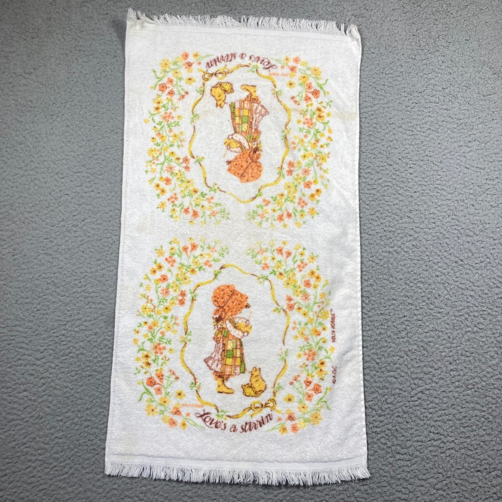 Vintage 70s Holly Hobbie Bath Hand Towel White Fringed Floral Cotton Cannon